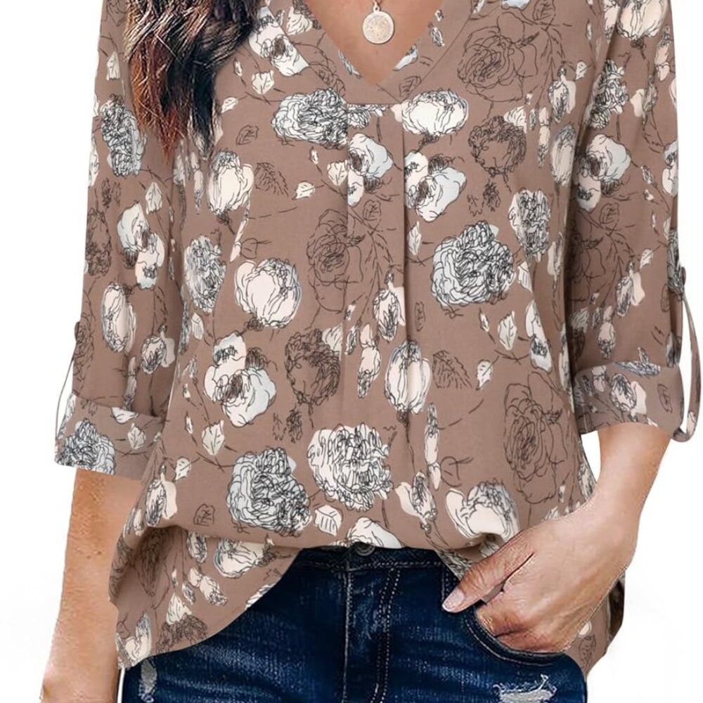 Womens Blouses Dressy Casual Business Tops 3/4 Sleeve Chiffon V Neck Work Office